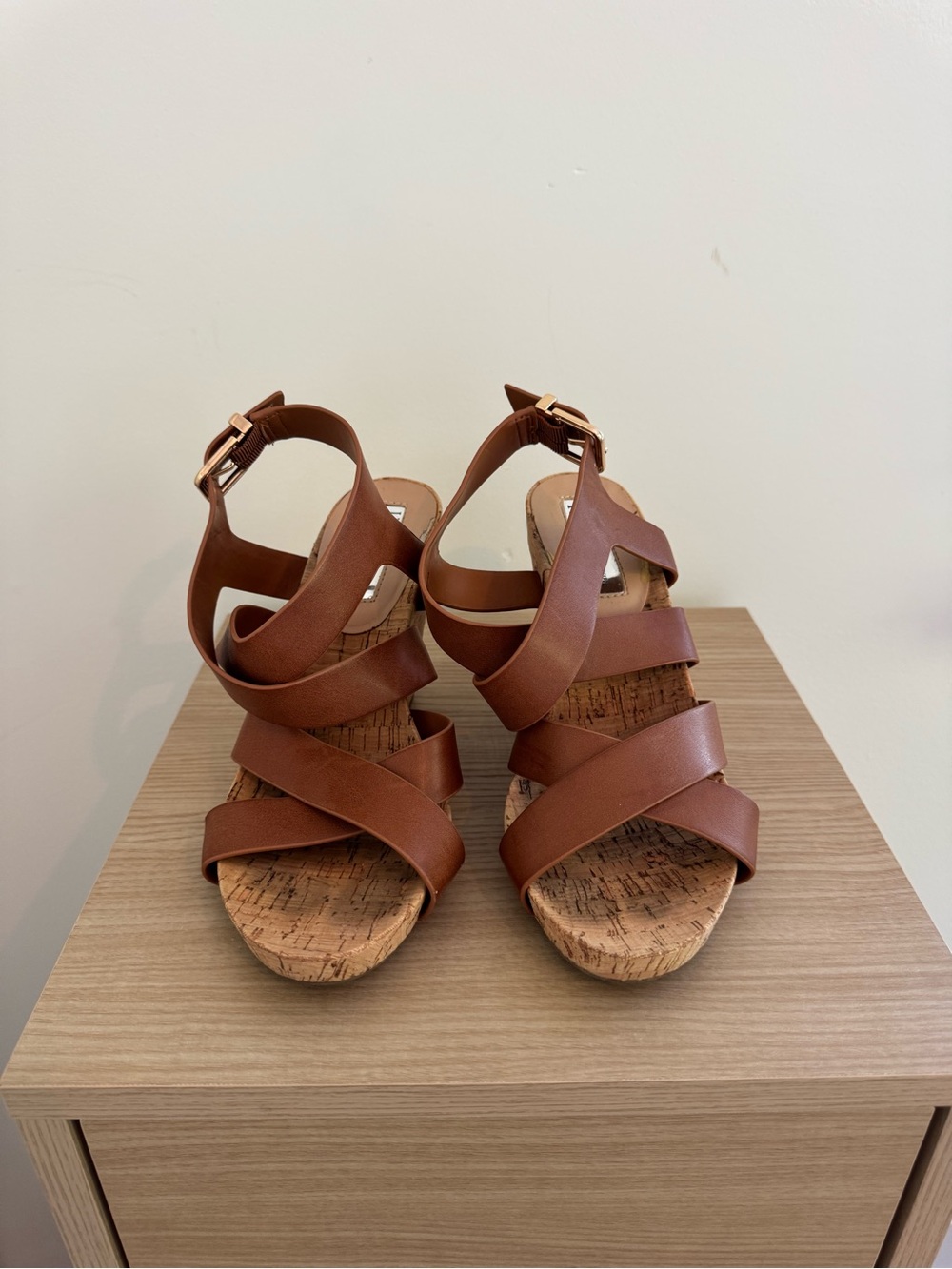 INC International Concepts Brown Leather Cork Wedge Sandals with Gold Buckles - Picture 3 of 3